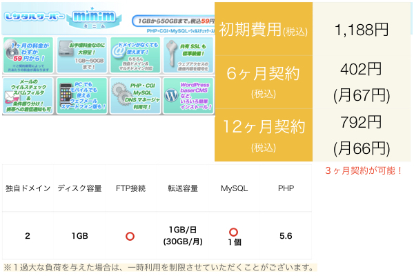 格安レンタルサーバー ミニム ワードプレス可 初期費用・年額最安値 月額66円